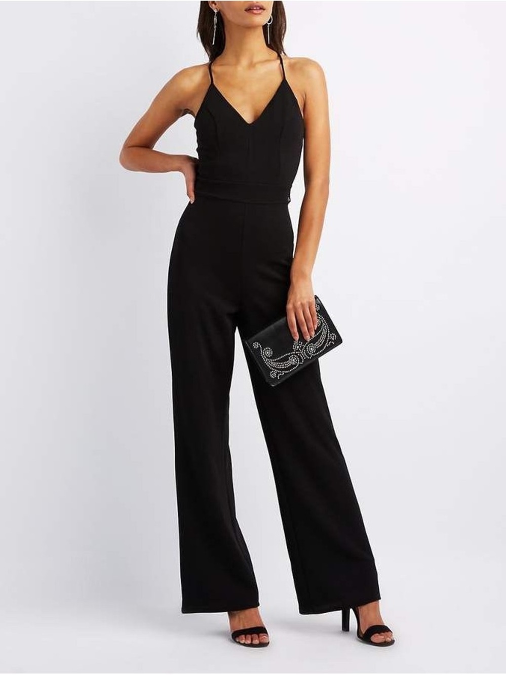 Charlotte Russe Black V-Neck Spaghetti-Strap Wide-Leg Jumpsuit